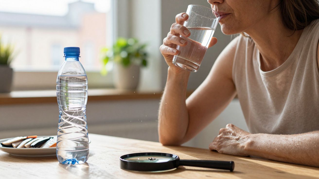 Mulher a beber água num copo, com garrafa de água e lupa numa mesa de madeira junto a uma janela.