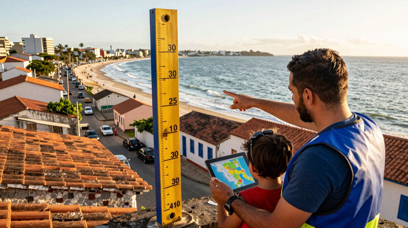 Homem e menino com tablet medem nível de água junto à costa de cidade com praia e casas.
