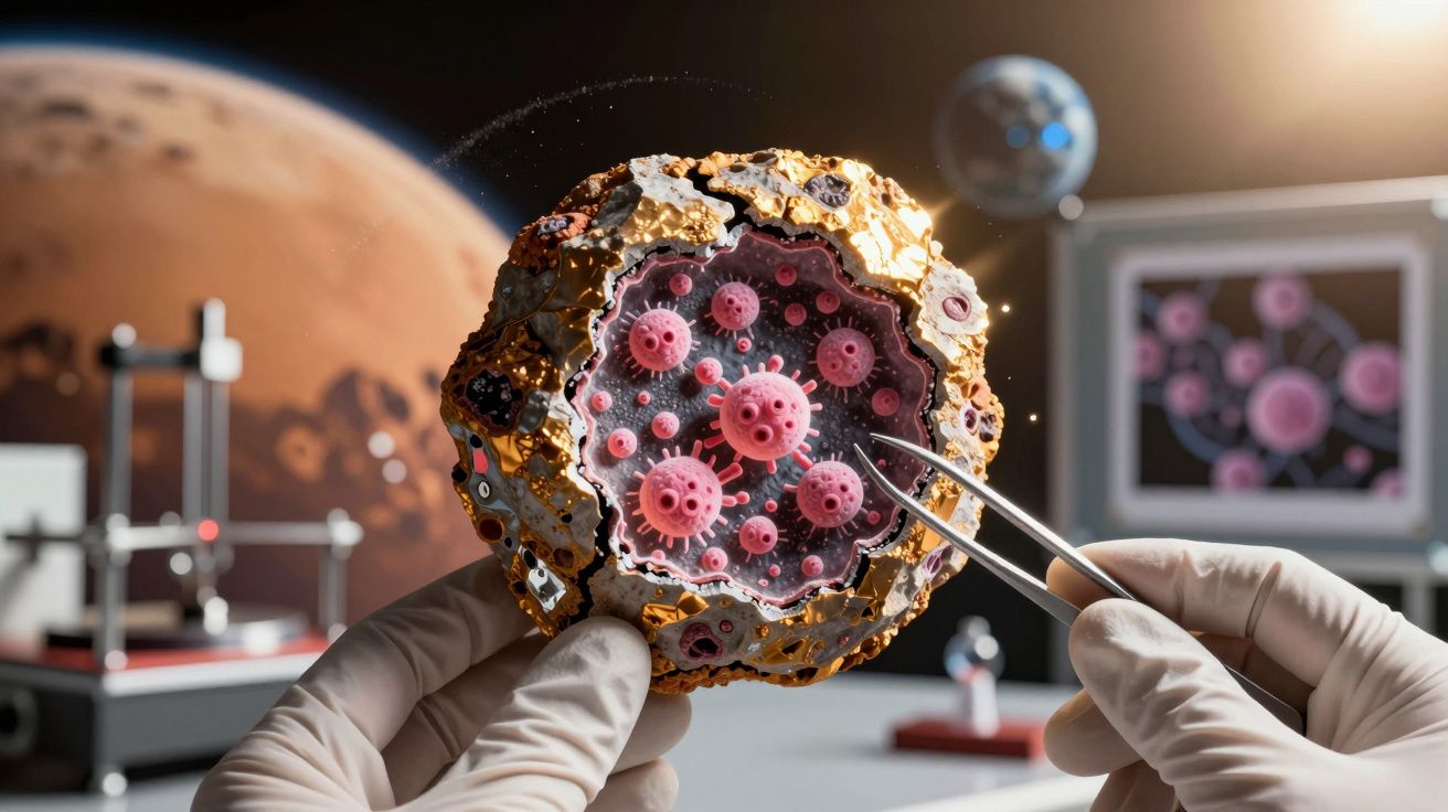 Mãos com luvas manipulam vírus cor-de-rosa dentro de célula dourada em laboratório futurista.