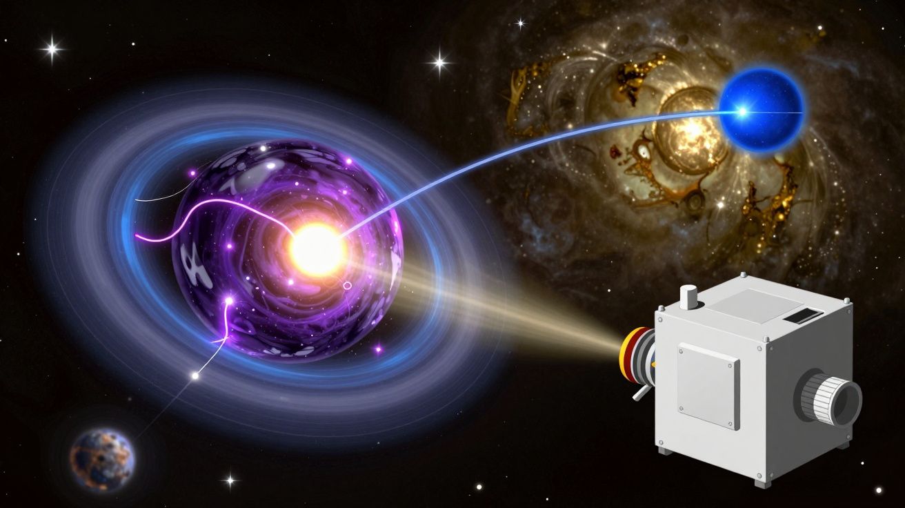 Ilustração científica de um telescópio espacial a captar sinais de estrelas e planetas distantes no espaço sideral.