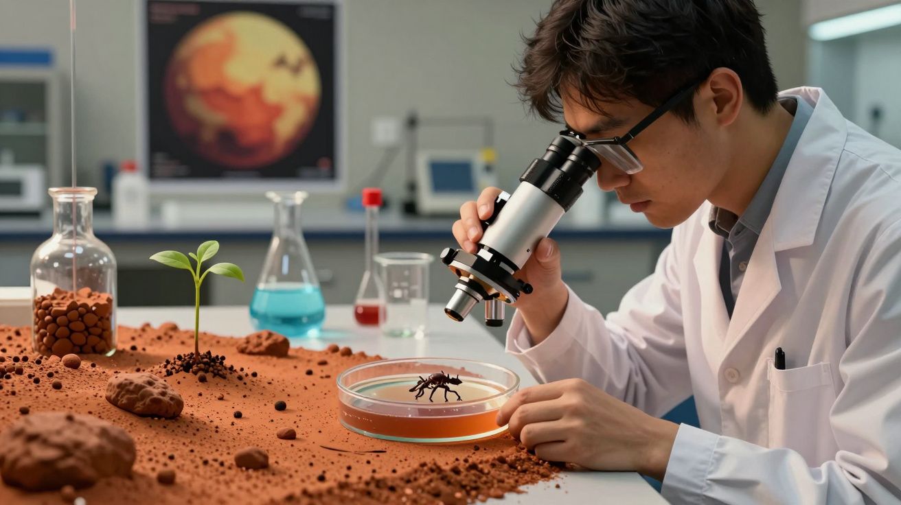 Cientista observa inseto numa placa de Petri sobre uma mesa com terra, plantas e frascos num laboratório.