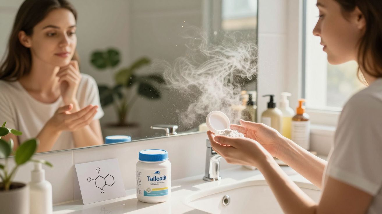 Mulher prepara pó de suplemento Tallcolib junto a lavatório com espelho e produtos pessoais.