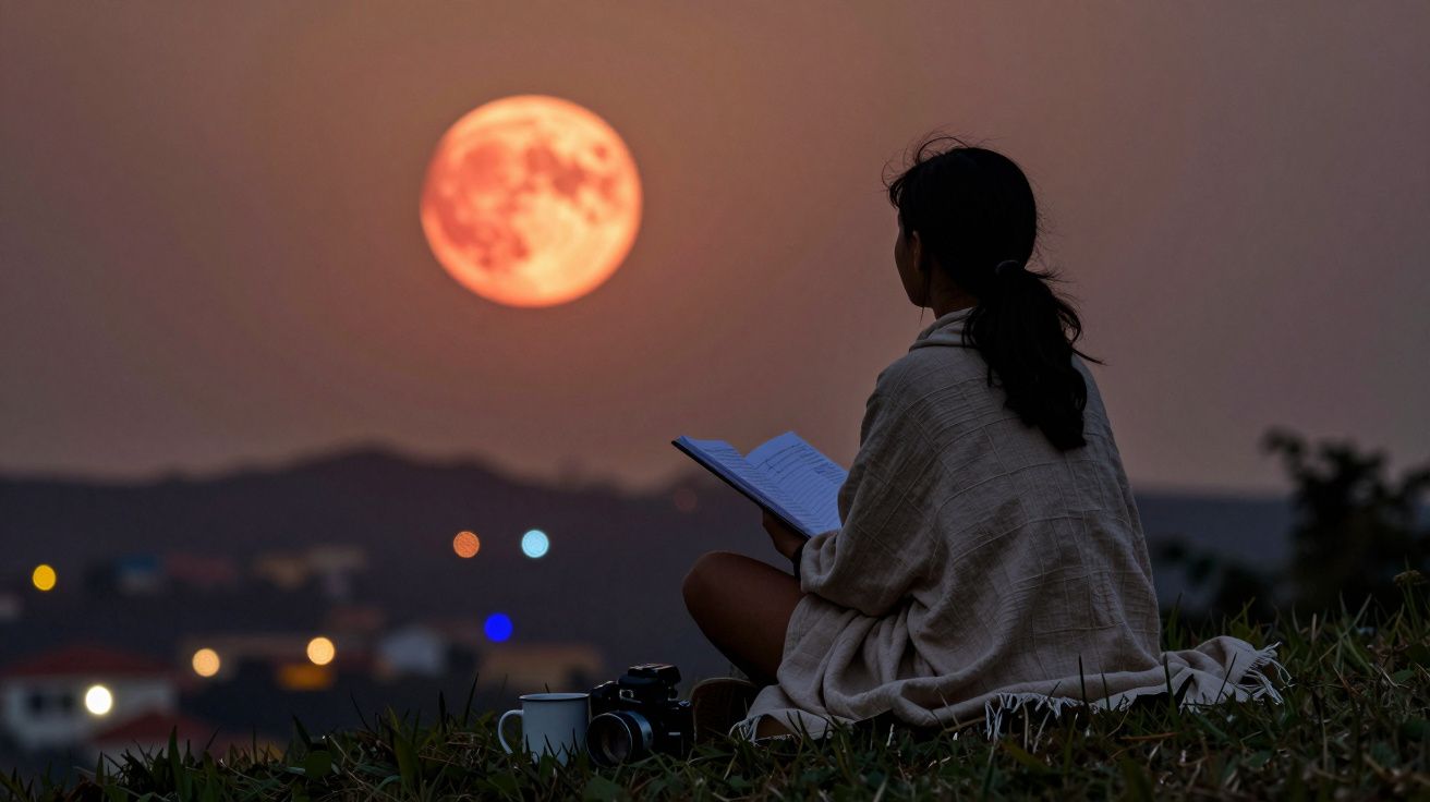 Pessoa sentada na relva a ler um livro ao luar com a lua cheia brilhante no céu noturno.