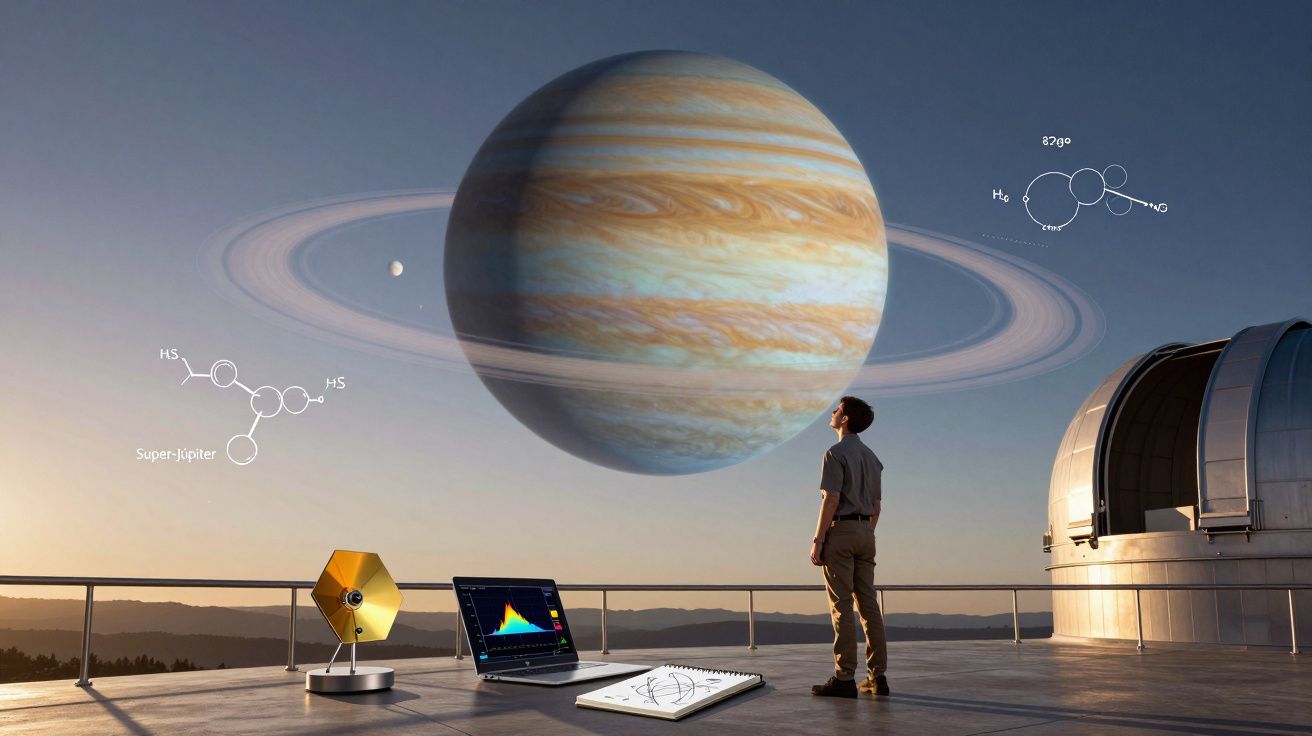 Pessoa observa um planeta gigante com anéis numa plataforma com equipamentos de astronomia ao entardecer.