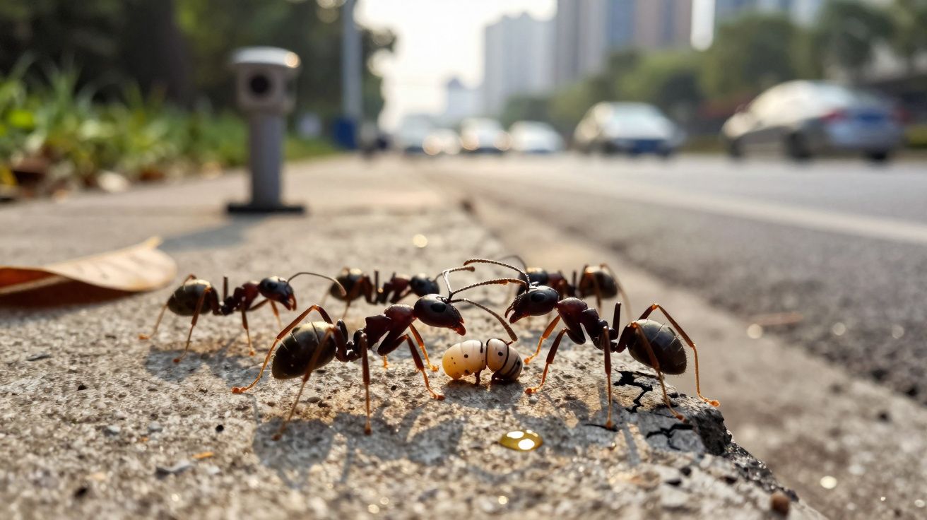 Formiga carnívora predando outra na berma de uma estrada urbana com carros ao fundo desfocado.