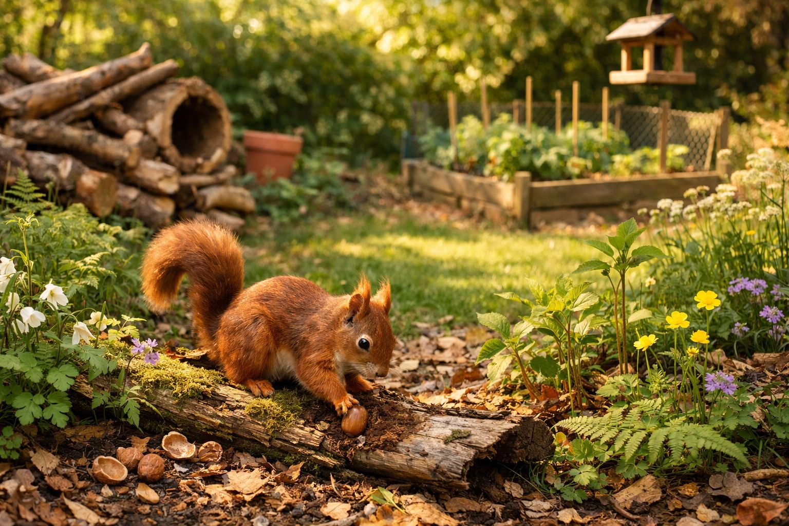 Esquilo vermelho segurando uma noz numa floresta com flores e troncos ao fundo.