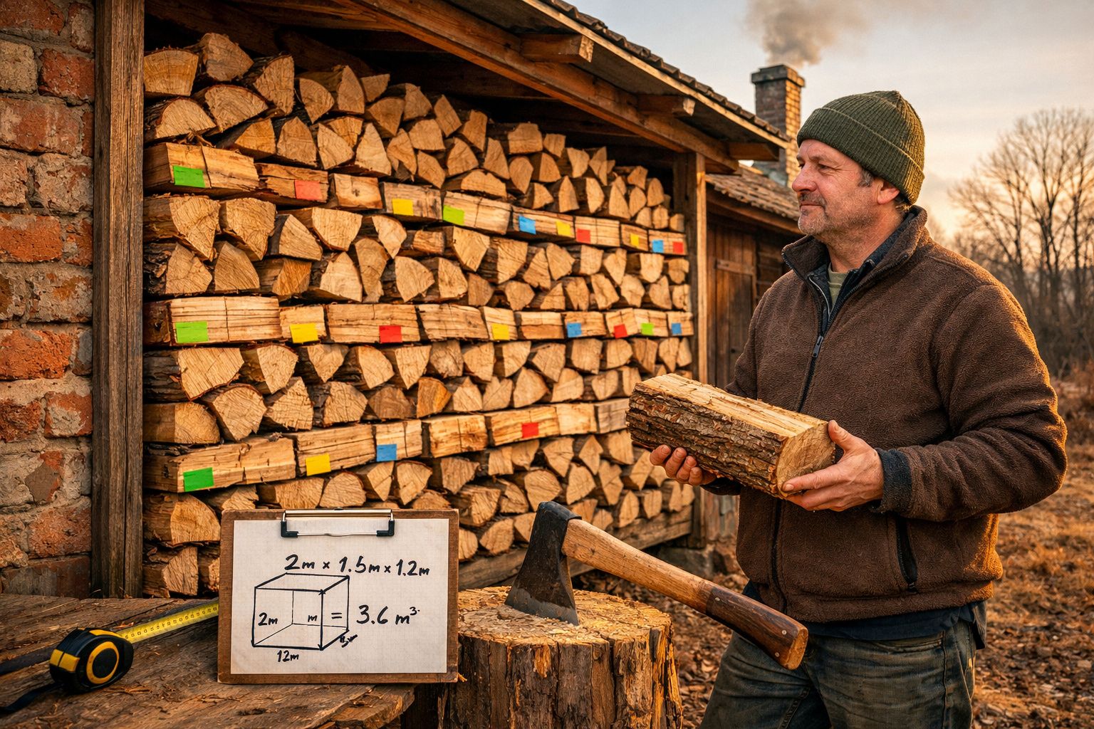 Homem com gorro segura lenha junto a monte organizado com tábuas coloridas e desenho de cálculo de volume.
