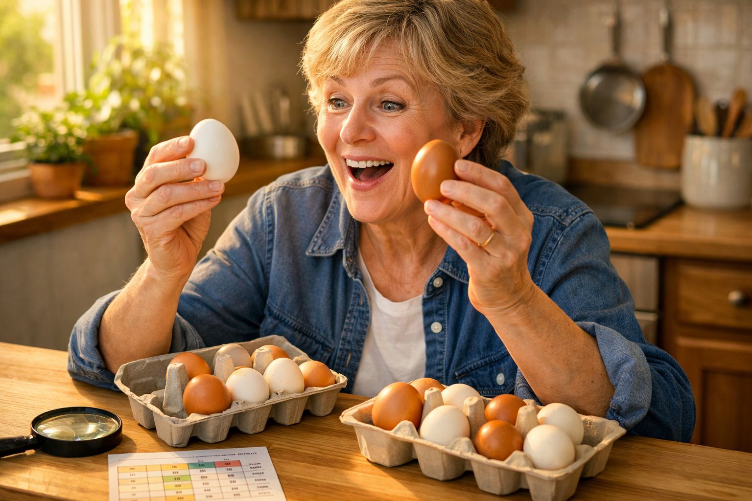 Mulher sorridente em cozinha a comparar ovos brancos e castanhos, com duas caixas de ovos à sua frente.