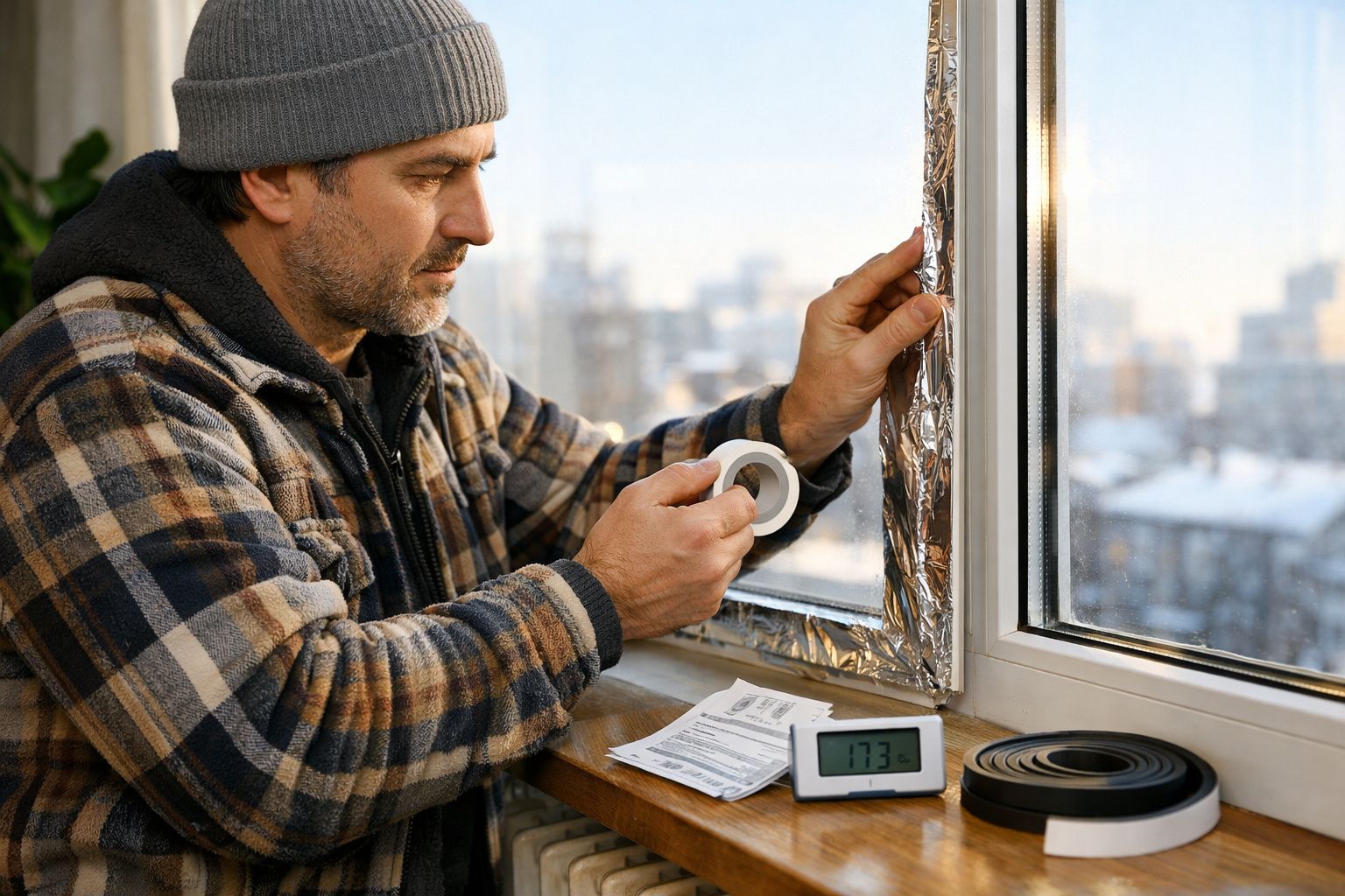Homem a isolar janelas com fita adesiva e papel alumínio para proteção térmica durante o inverno.
