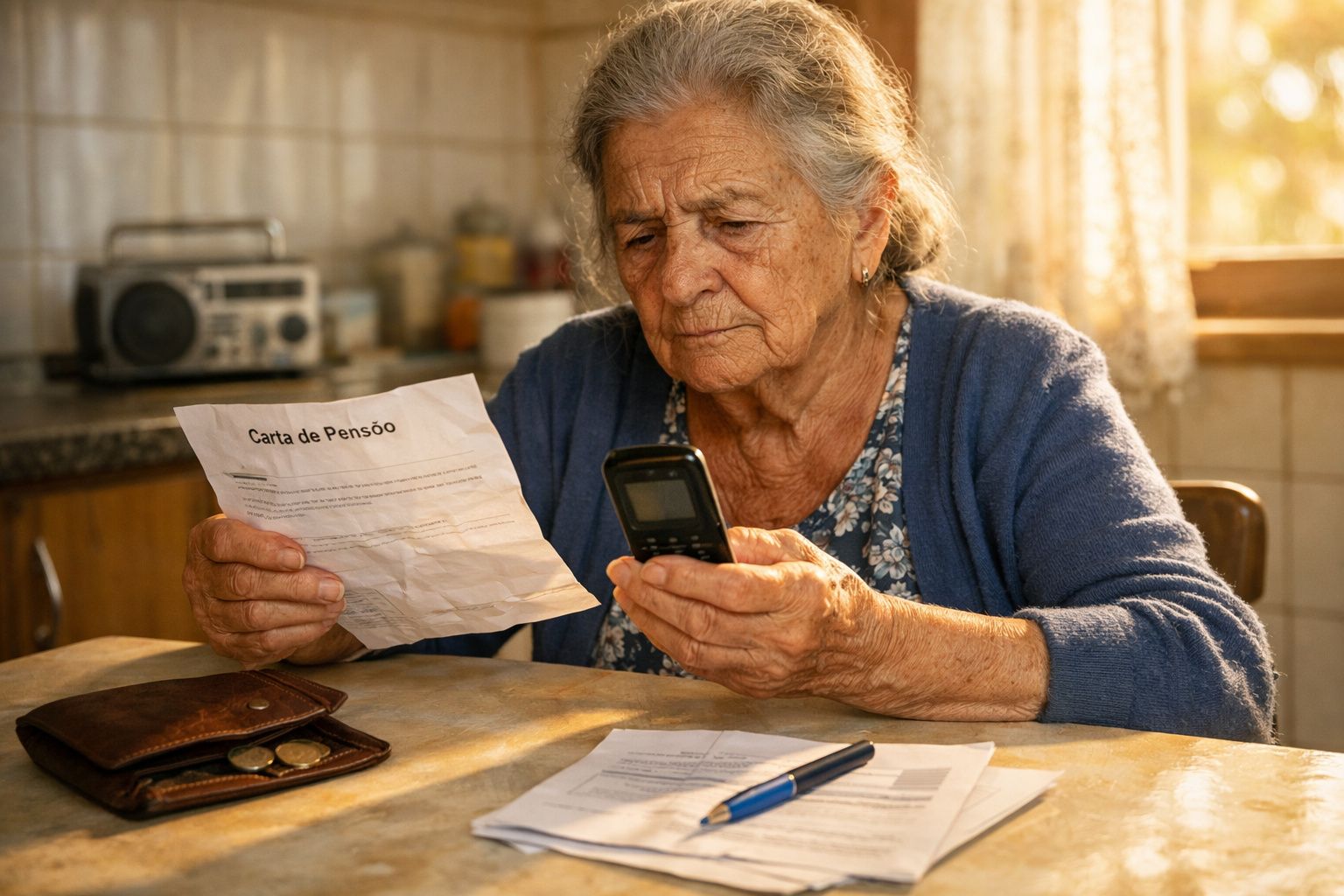 Idosa sentada à mesa a ler carta de pensão e a usar telemóvel antigo numa cozinha iluminada.