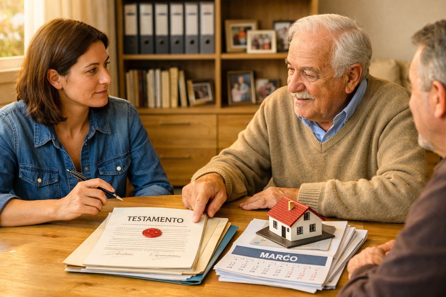 Pessoa sénior a explicar um testamento para um casal numa mesa com documentos e uma maquete de casa.
