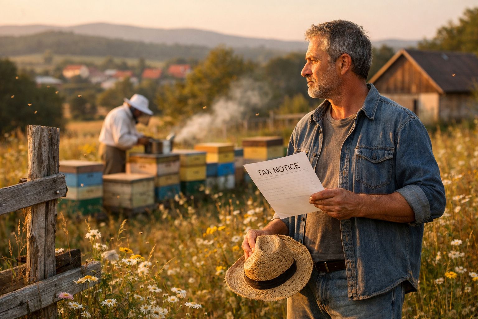 Homem caipira com documento na mão observa colmeias num campo florido ao pôr do sol.
