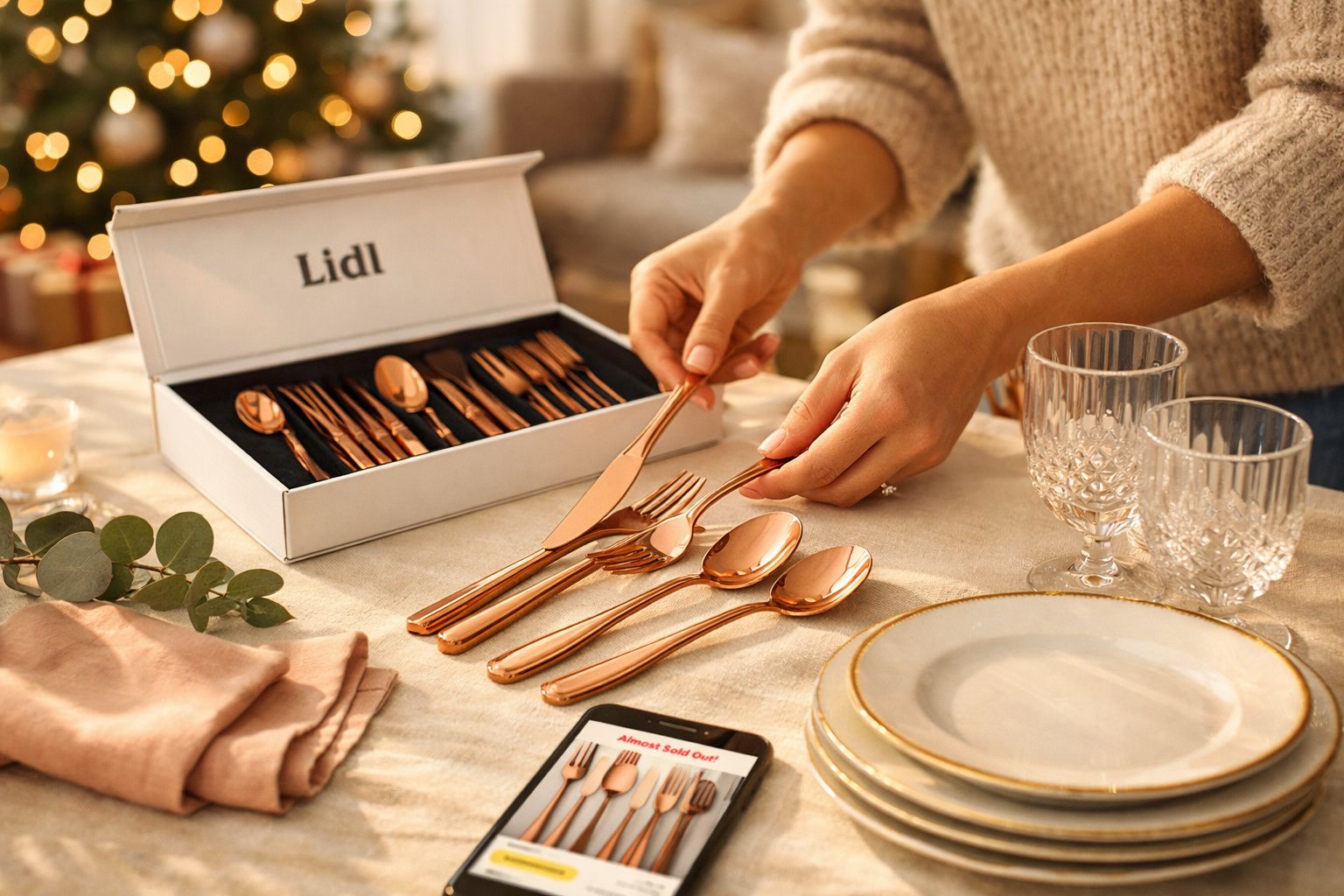 Conjunto de talheres de cobre em caixa Lidl, com mãos a organizar peças numa mesa posta para jantar.