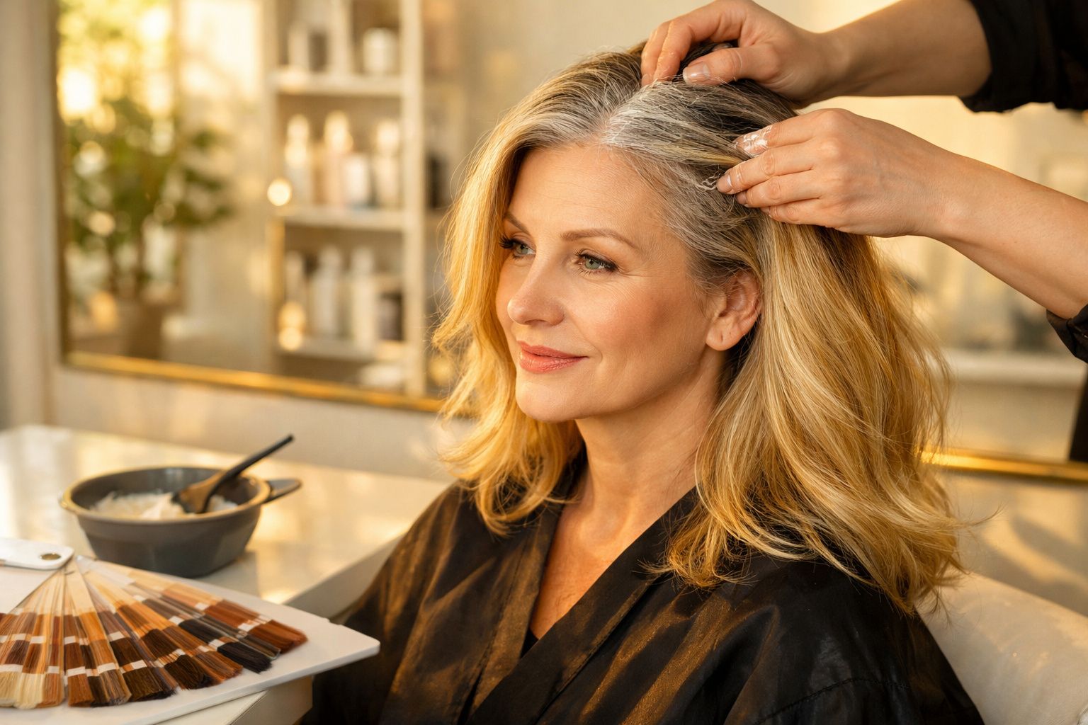 Mulher com cabelo loiro a receber tratamento capilar num salão de beleza, com amostras de cor na mesa.