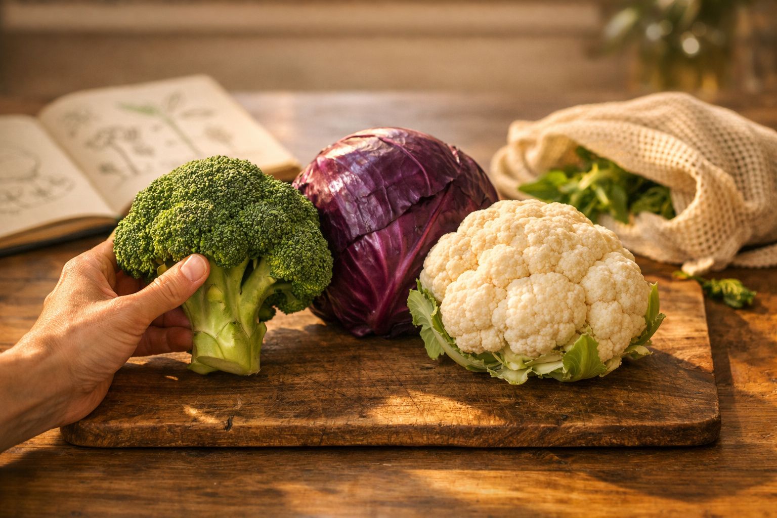 Mão segura brócolos junto a couve roxa e couve-flor numa tábua de madeira, com caderno aberto ao fundo.