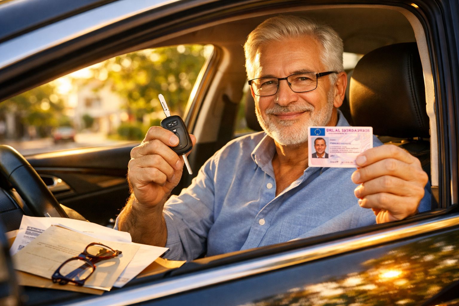 Homem sénior sorridente no carro a mostrar a carta de condução e a chave do veículo.
