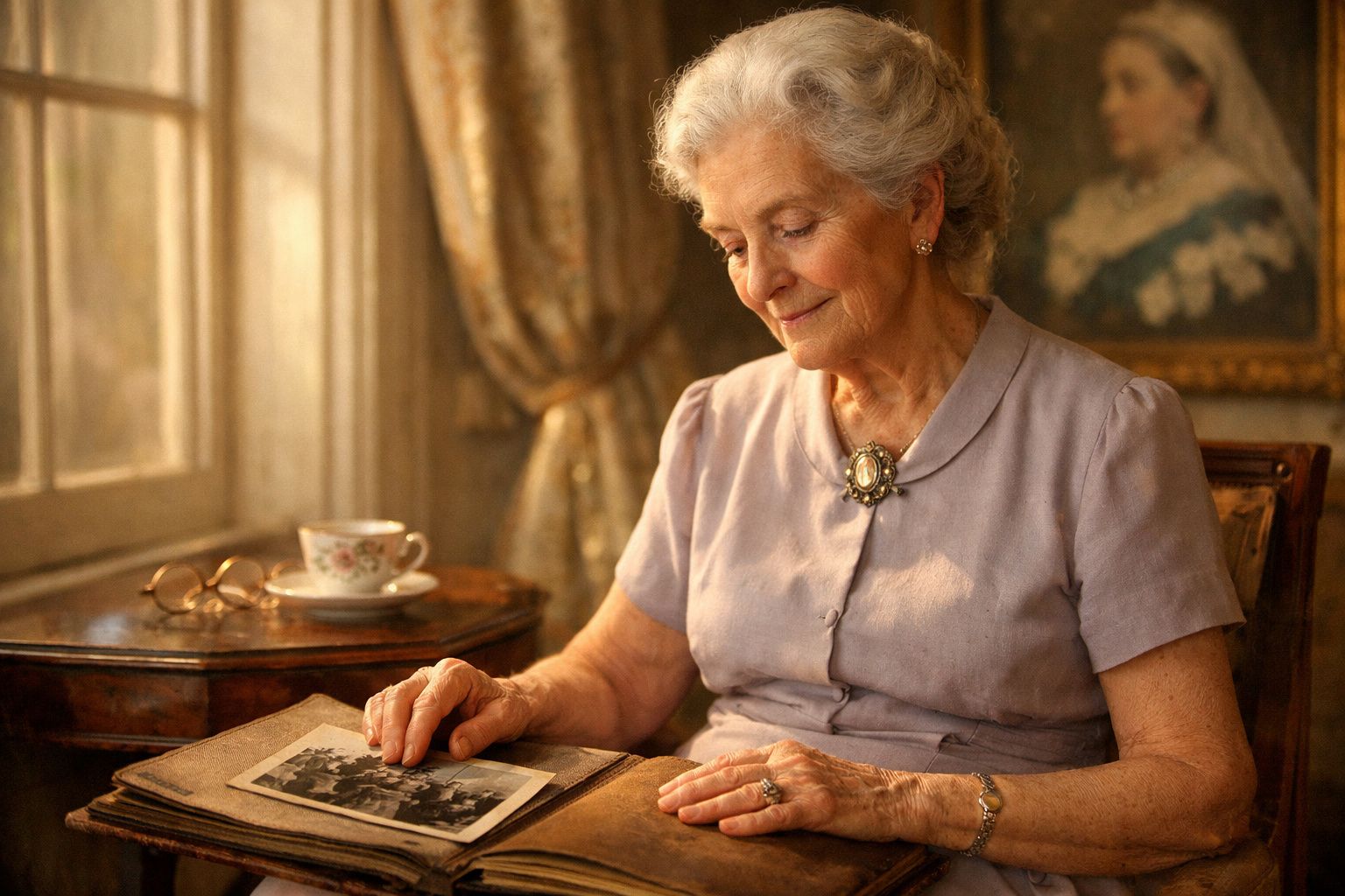 Mulher idosa sentada a olhar com ternura para fotografias antigas numa sala iluminada pela luz do dia.