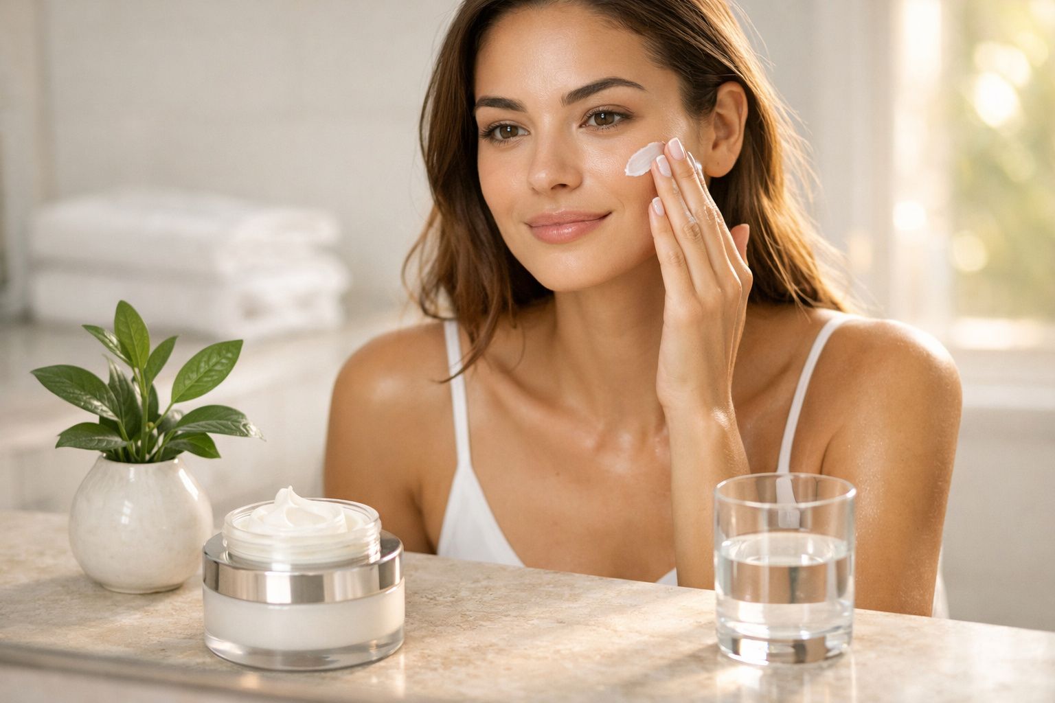 Mulher a aplicar creme hidratante no rosto numa casa de banho iluminada, com planta e copo de água na frente.