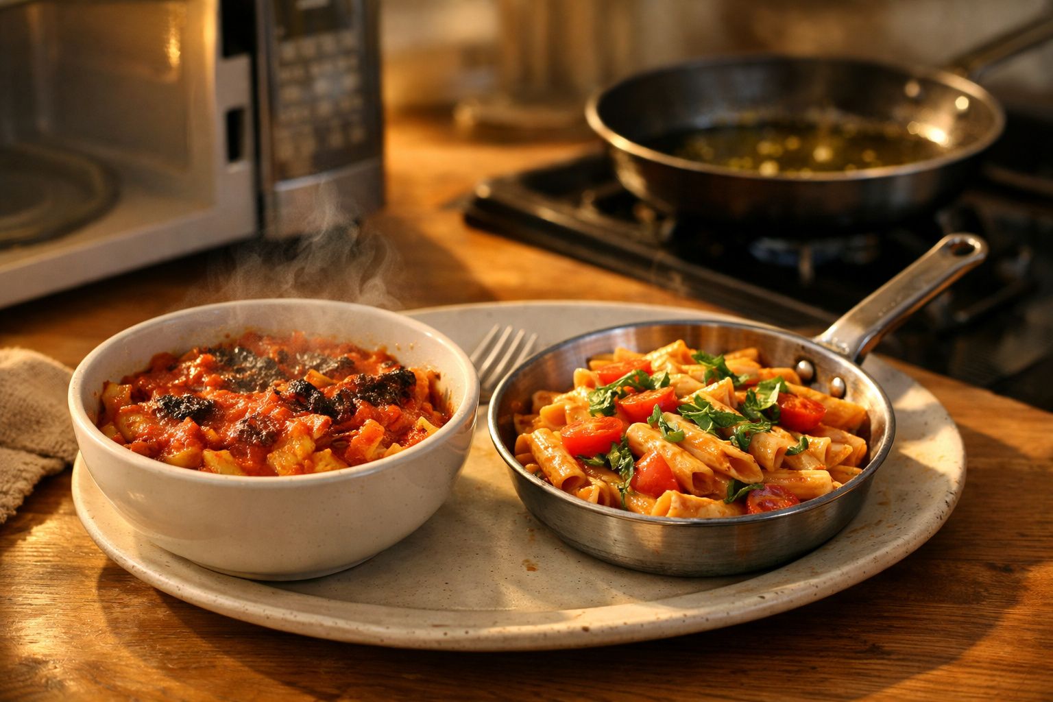 Bacia de cerâmica com massa ao forno fumegante e frigideira com massa penne, tomate e manjericão.