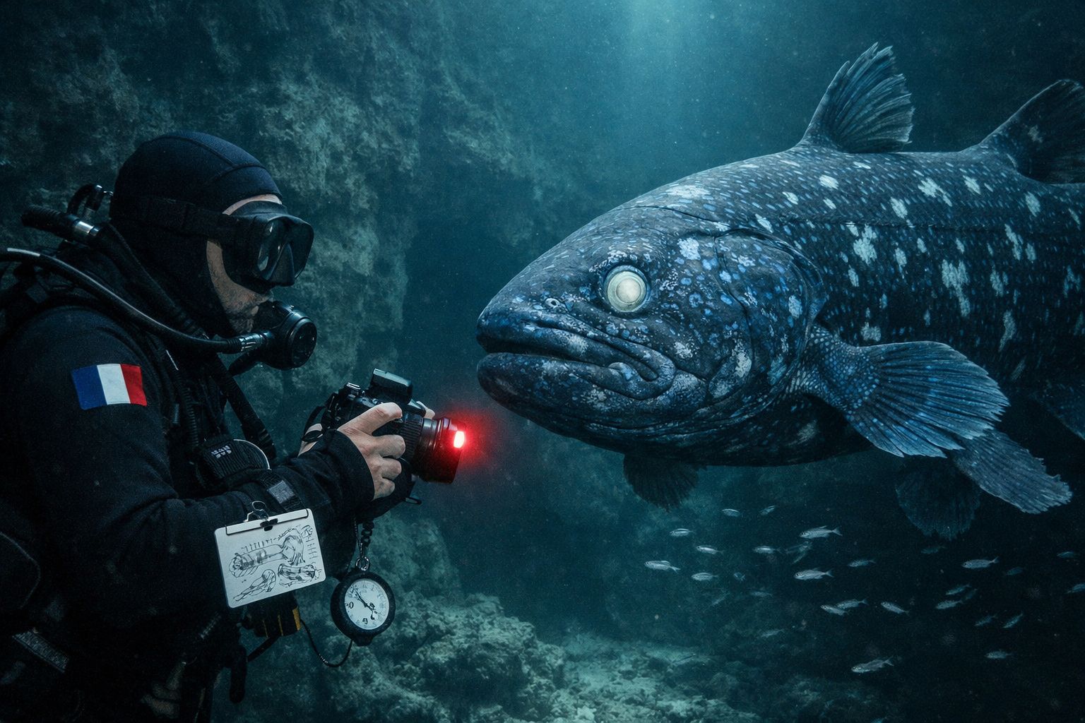 Mergulhador com câmara fotografia um peixe grande de olhos esbranquiçados no fundo do mar.