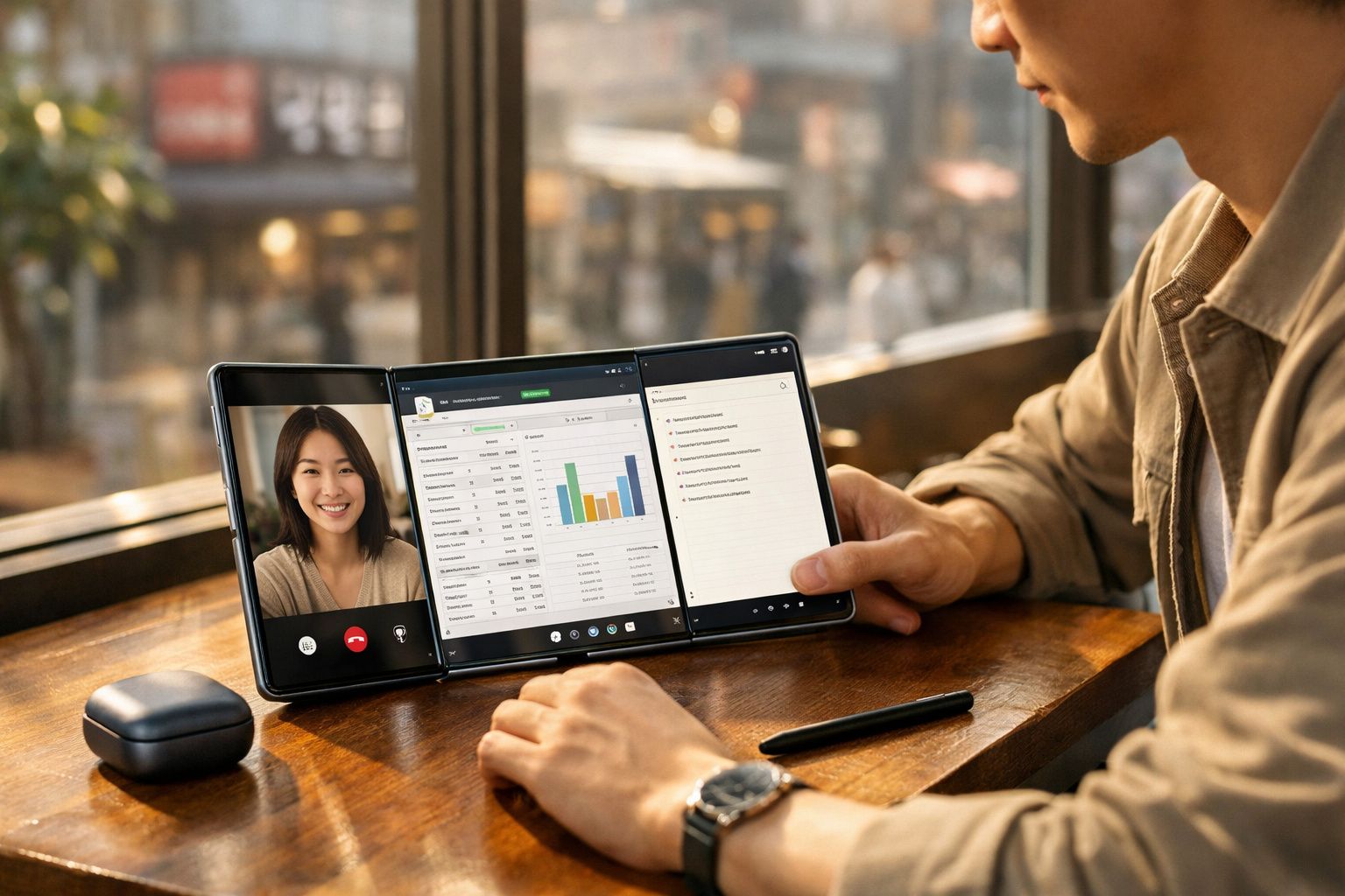 Pessoa a usar tablet dobrável com videoconferência, gráficos e notas numa mesa de madeira.