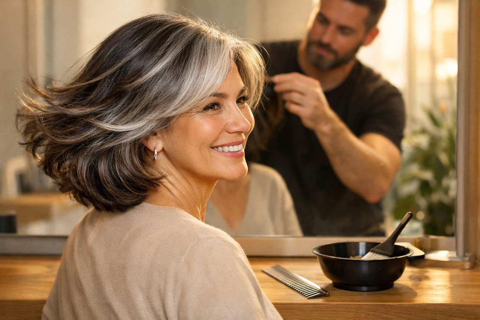 Mulher sorridente com cabelo grisalho a ser penteada por cabeleireiro num salão de beleza.