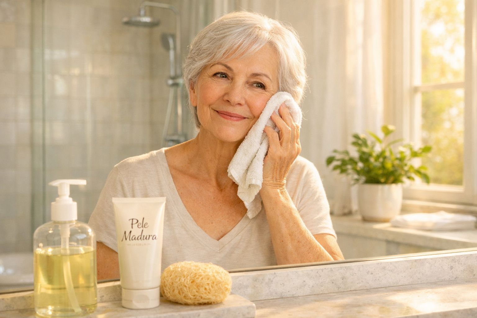 Mulher sénior a cuidar da pele no rosto com toalha branca, ao lado de produtos de cuidado facial.