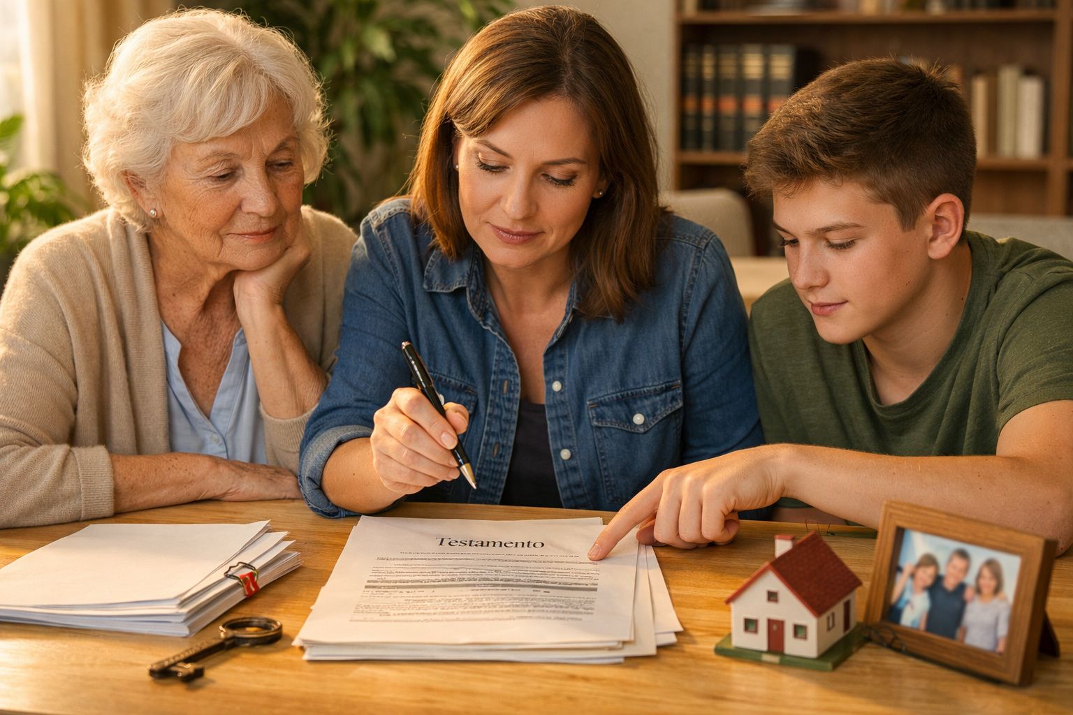 Três gerações de uma família a analisar um documento de testamento numa mesa com foto e maquete de casa.
