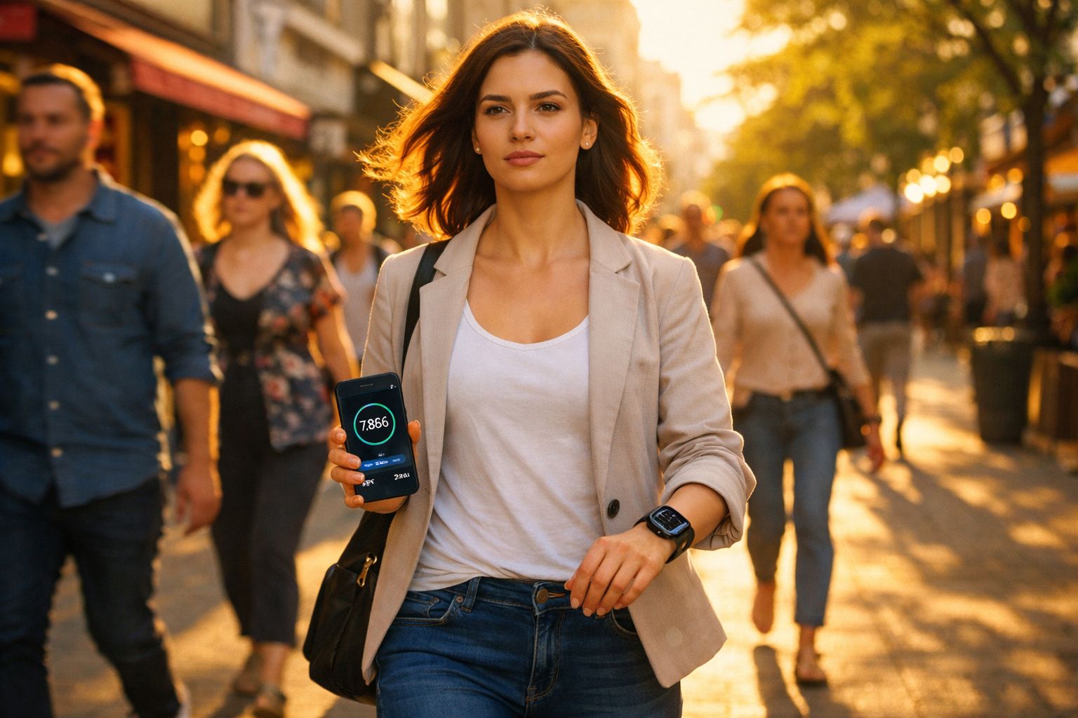Mulher a caminhar na rua com telemóvel a mostrar contador de passos e relógio fitness num dia ensolarado.