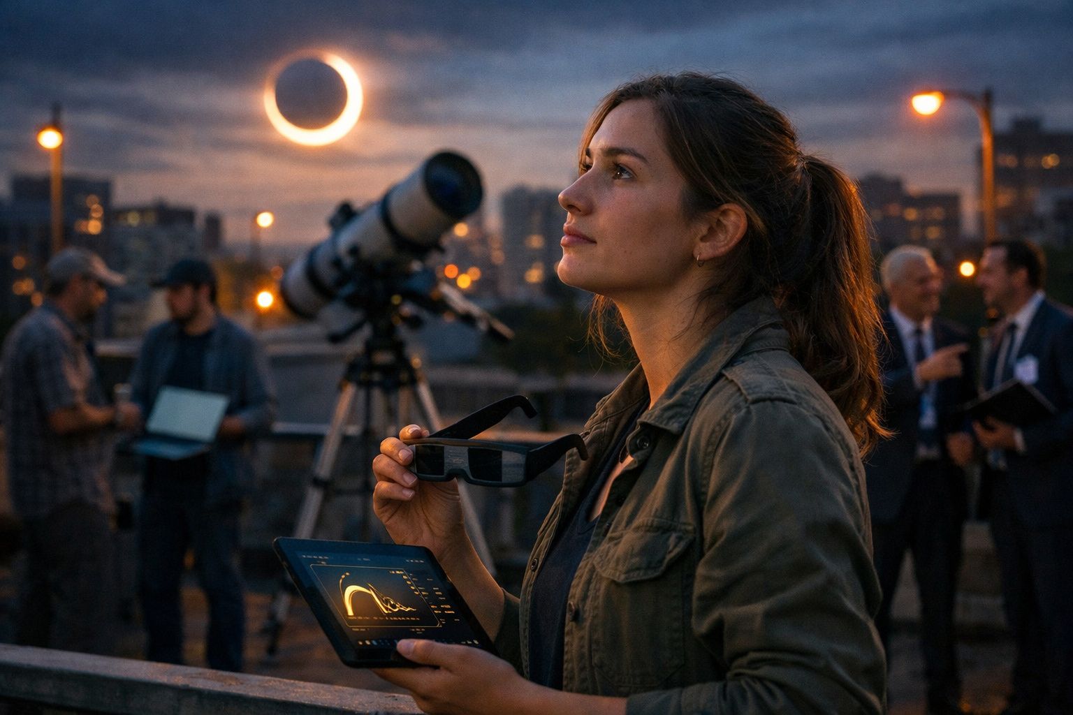 Mulher segura óculos de observação solar e tablet durante eclipse solar, com telescópio e pessoas ao fundo.