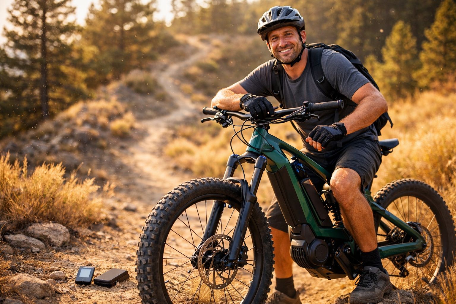 Homem sorridente de capacete e luvas, sentado numa bicicleta elétrica num trilho de terra em ambiente natural.