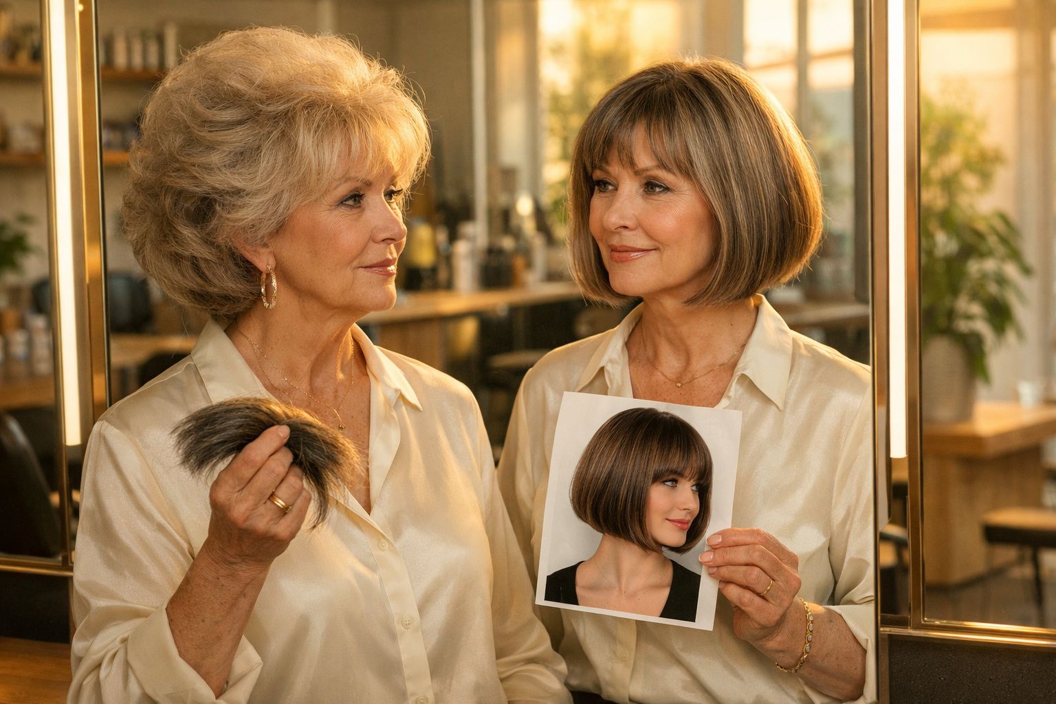 Duas mulheres com camisas claras num salão de cabeleireiro, uma segura uma peruca e outra uma foto de corte bob.
