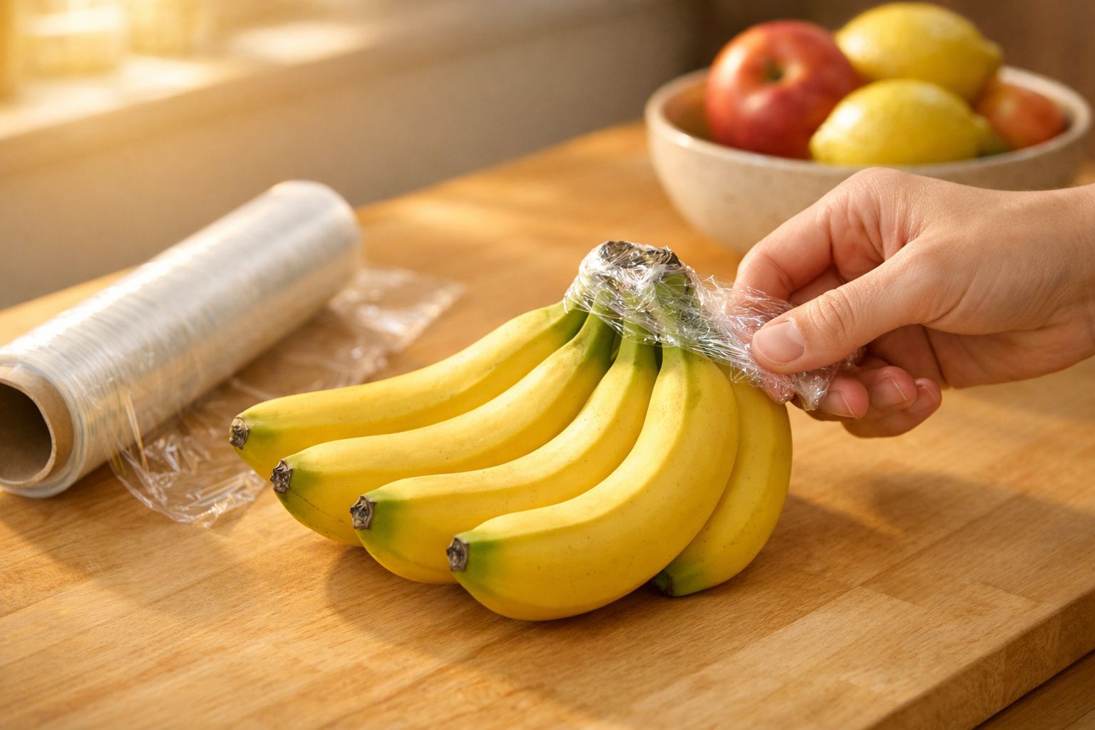 Mão embrulhando um cacho de bananas em plástico aderente numa bancada de madeira, com frutas ao fundo.