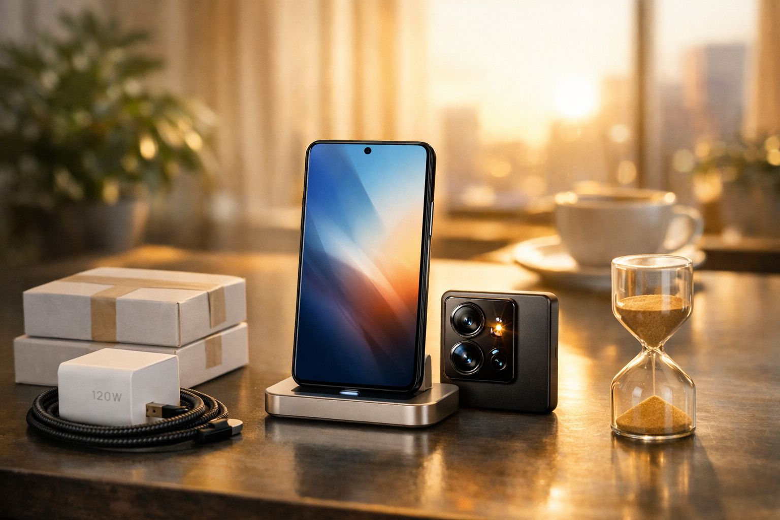 Smartphone em suporte dourado com acessórios ao lado. Ao fundo, vista desfocada de cidade e chávena de café.