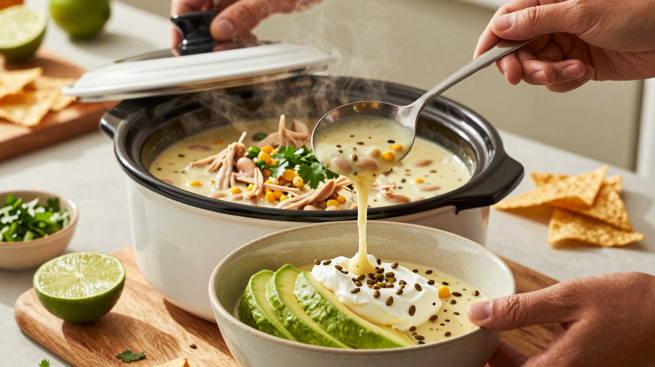 Sopa cremosa de frango numa panela elétrica a ser servida numa tigela com abacate e natas, acompanhada de nachos e lima.