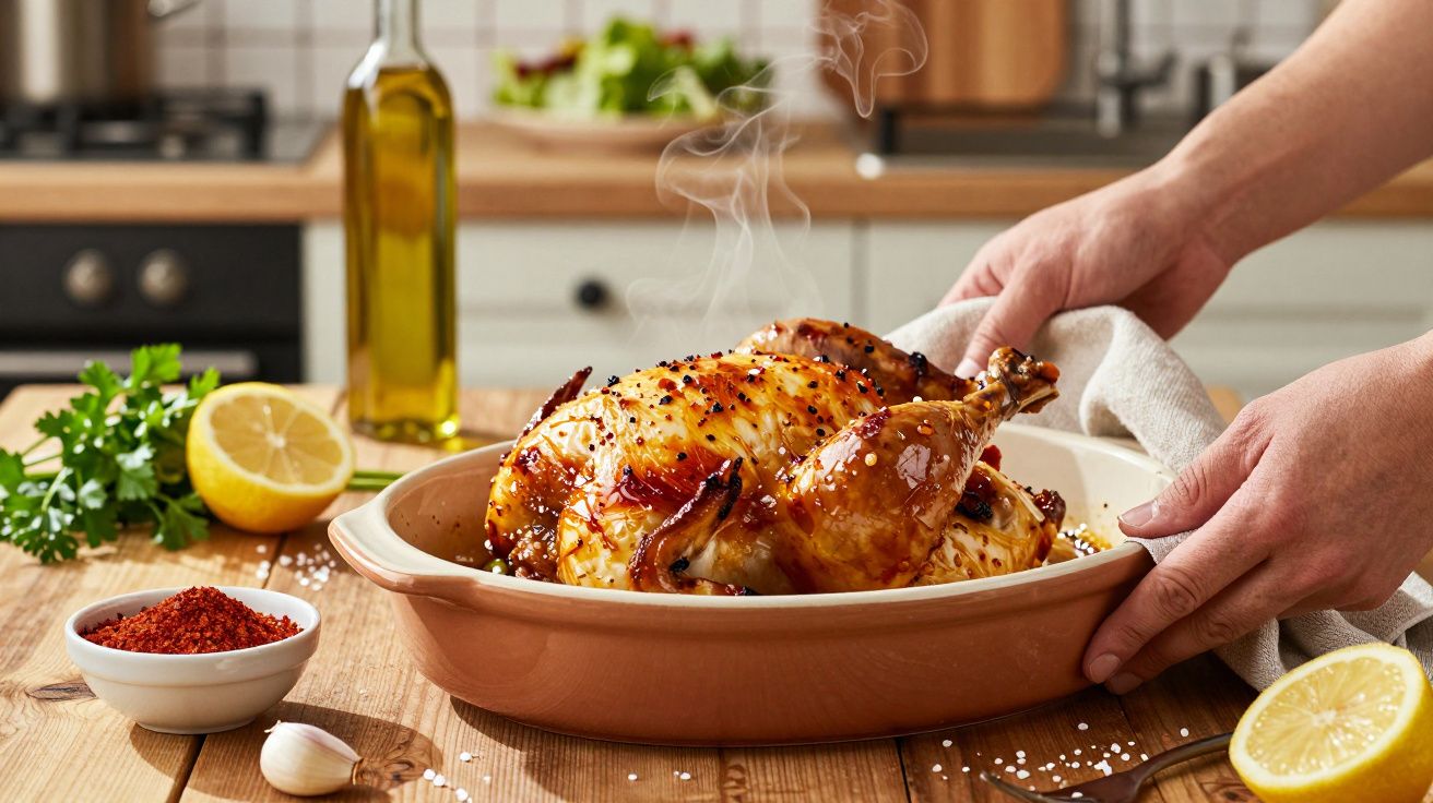 Frango assado em travessa de cerâmica, rodeado por ervas, limão e especiarias numa cozinha.