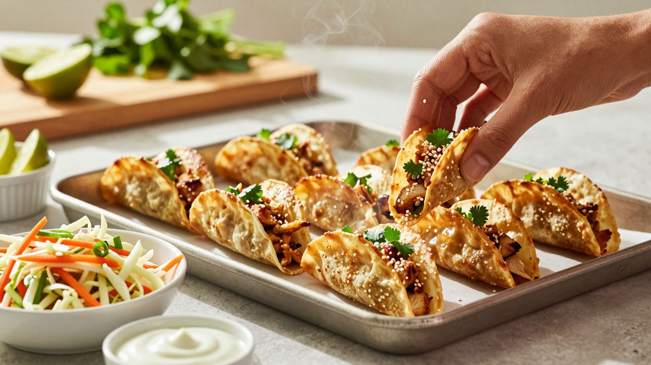 Mão a pegar taco crocante com carne, coentro e queijo em tabuleiro. Salada e limas ao lado.