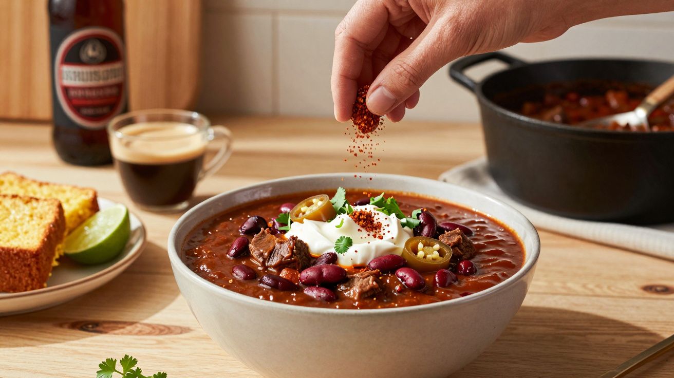Mão polvilha especiarias sobre chili com feijão, sour cream e jalapeños, em cozinha, com pão e café ao fundo.