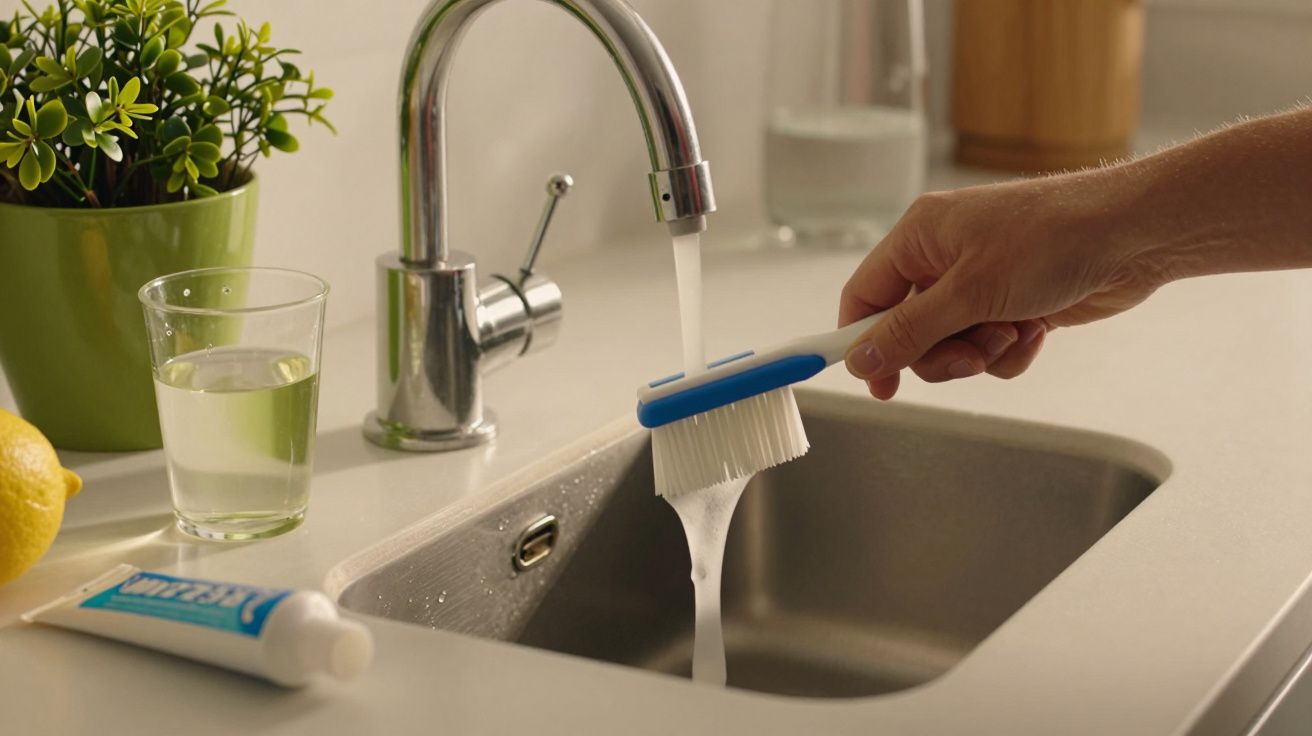 Mão segurando escova sob torneira aberta em cozinha moderna, com esponja, limão, e copo de água ao fundo.