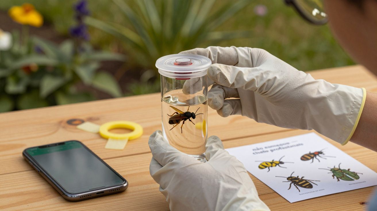 Pessoa com luvas segura frasco com inseto, perto de smartphone e folha com ilustrações de insetos.