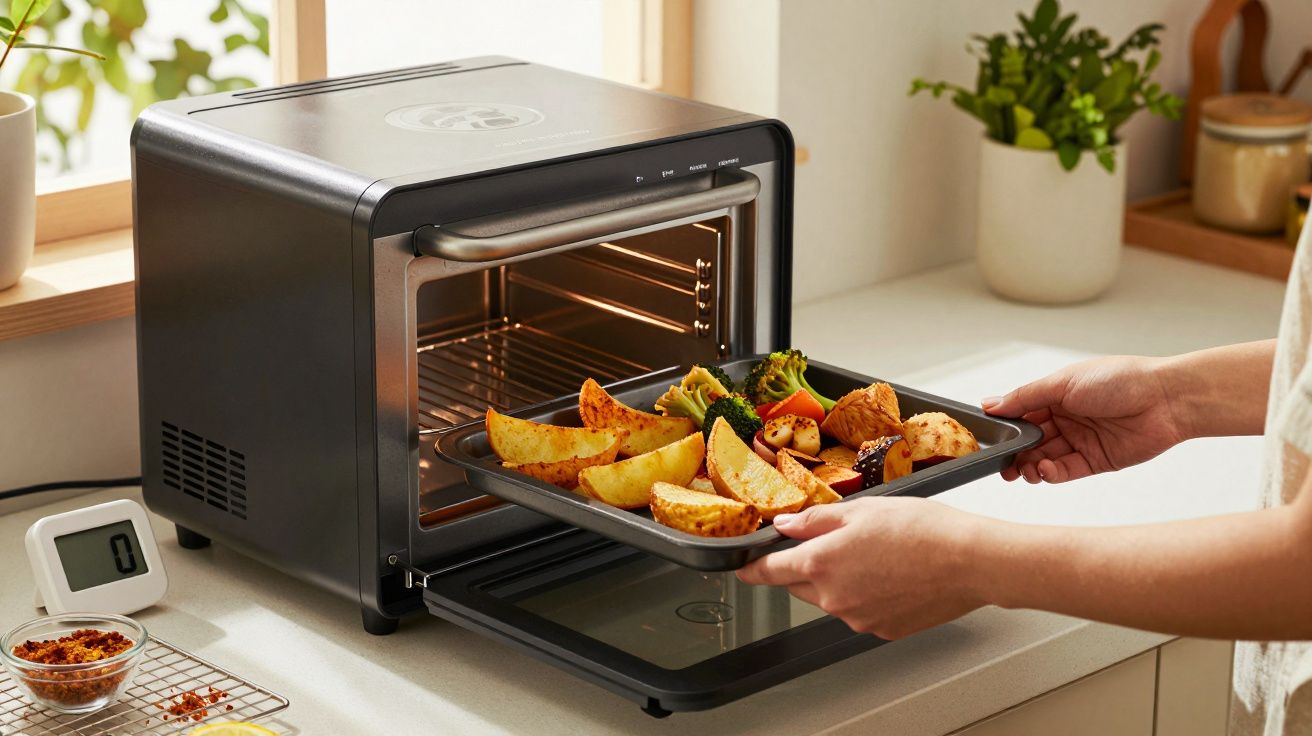 Pessoa coloca tabuleiro com legumes e batatas num forno elétrico na cozinha.