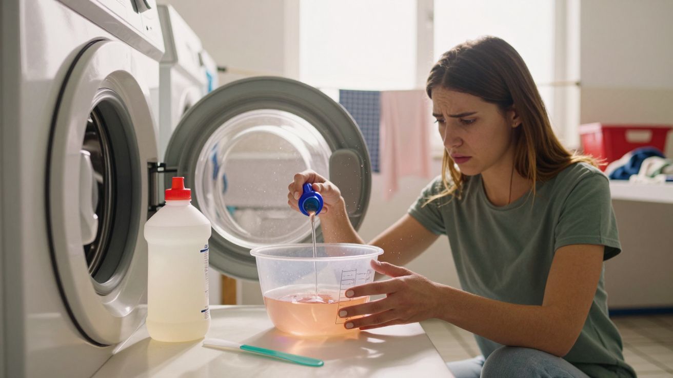 Mulher concentrada a misturar detergente líquido numa bacia em frente a uma máquina de lavar roupa.