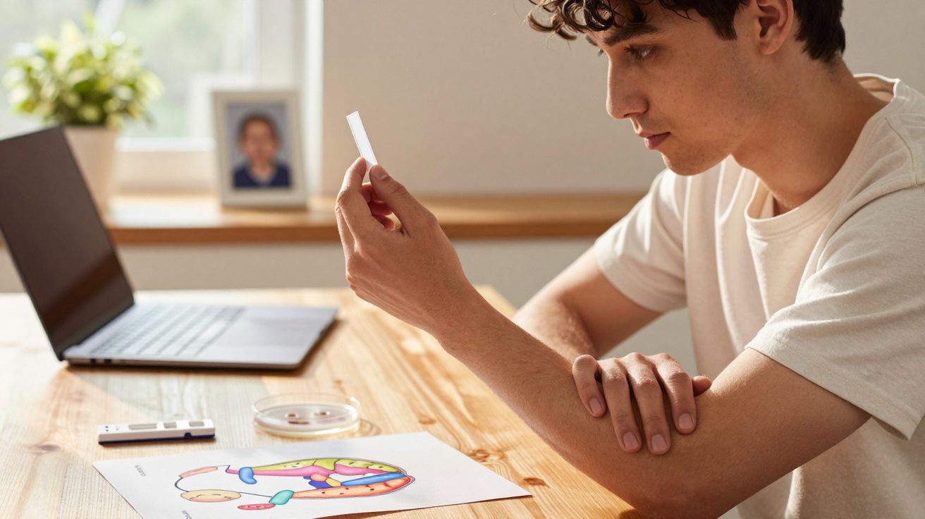 Homem examina uma imagem colorida numa mesa com portátil ao lado.
