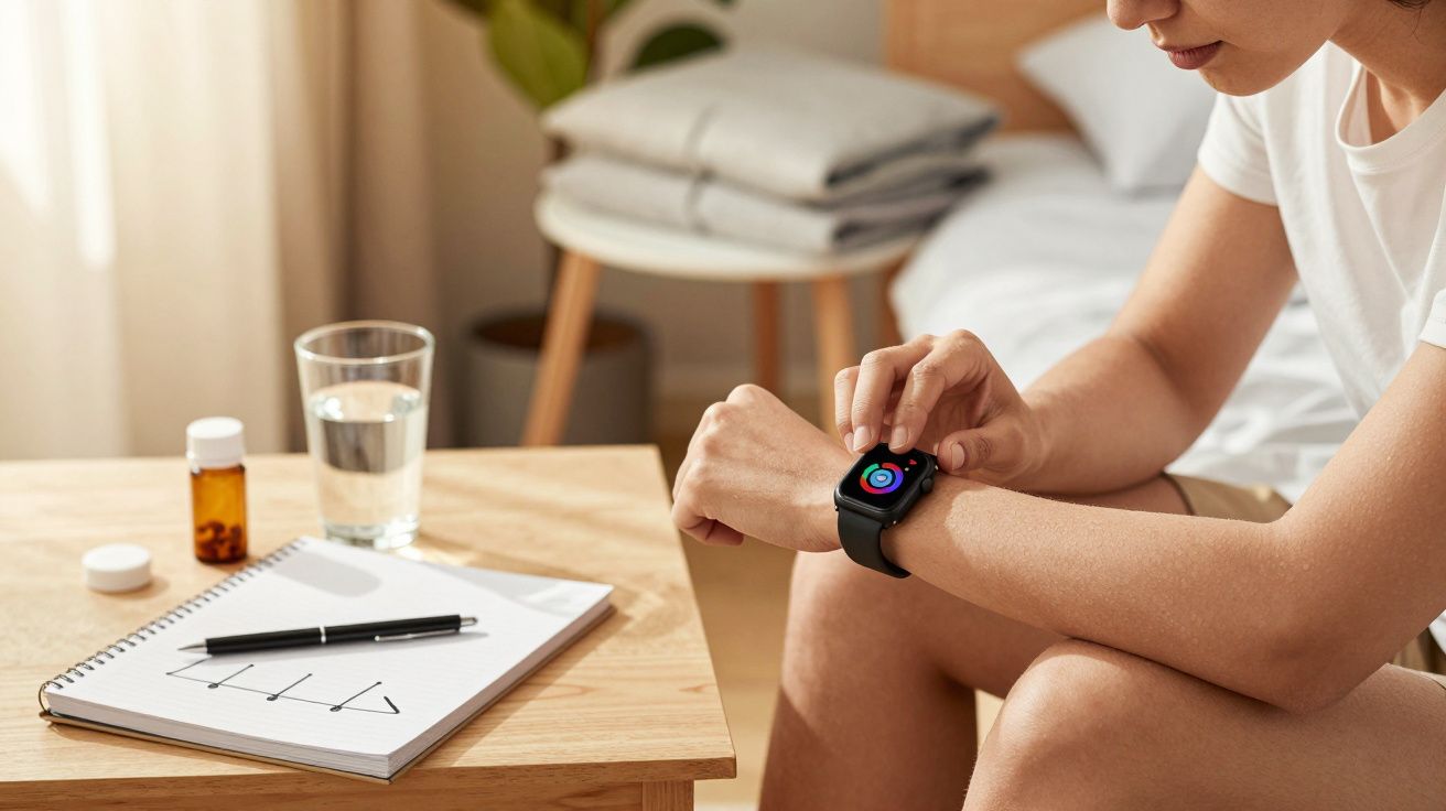 Pessoa verifica smartwatch perto de mesa com bloco de notas, caneta, copo de água e frasco de comprimidos, num quarto ilumina