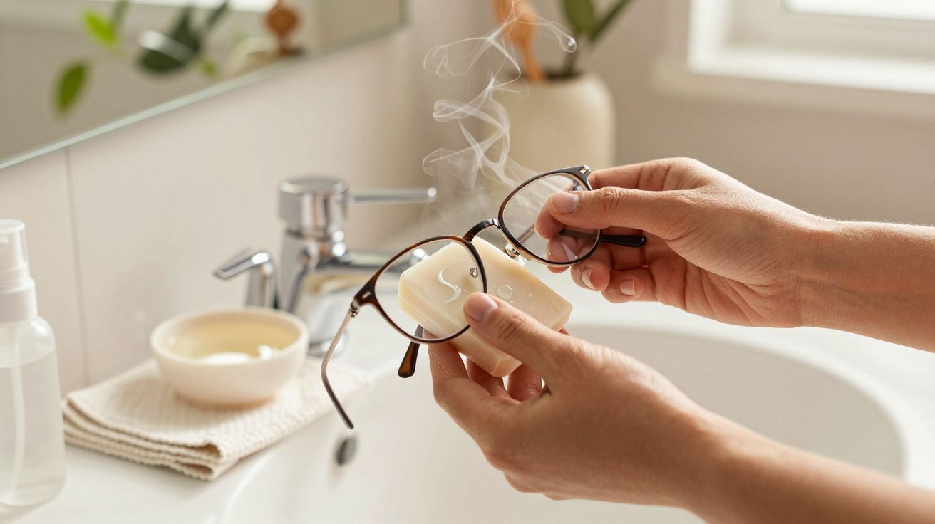 Mãos segurando óculos de leitura com vapor ao lado de um lavatório na casa de banho.
