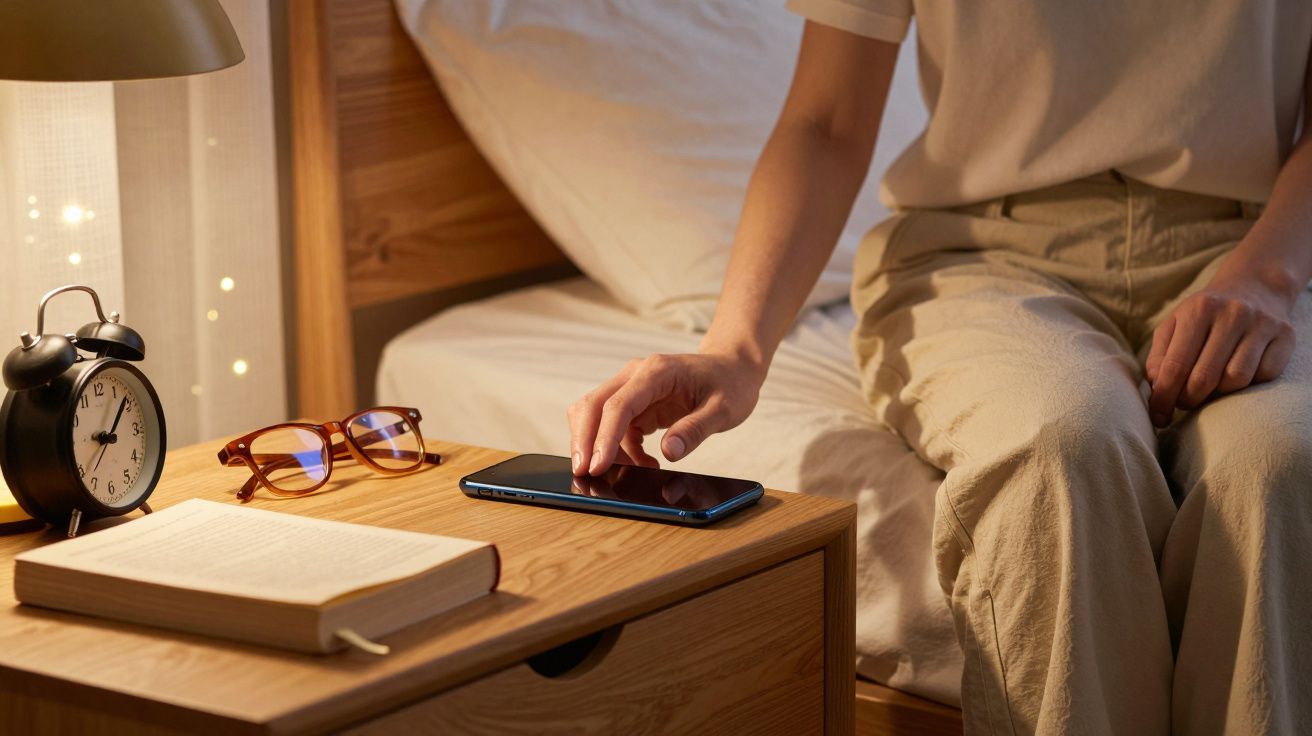 Pessoa em quarto toca num telemóvel na mesa de cabeceira, ao lado de um livro, óculos e despertador.
