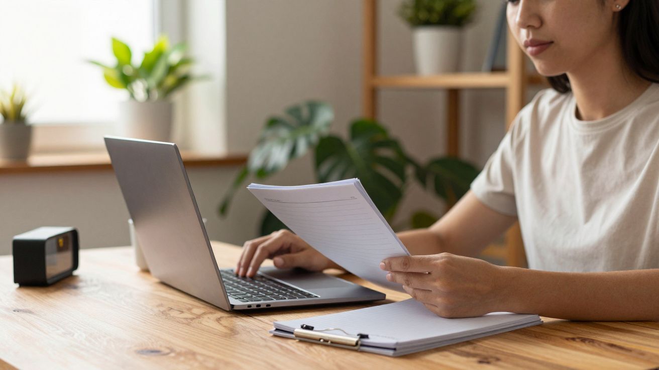 Mulher trabalhando num portátil, segurando documentos, numa mesa com plantas e luz natural ao fundo.