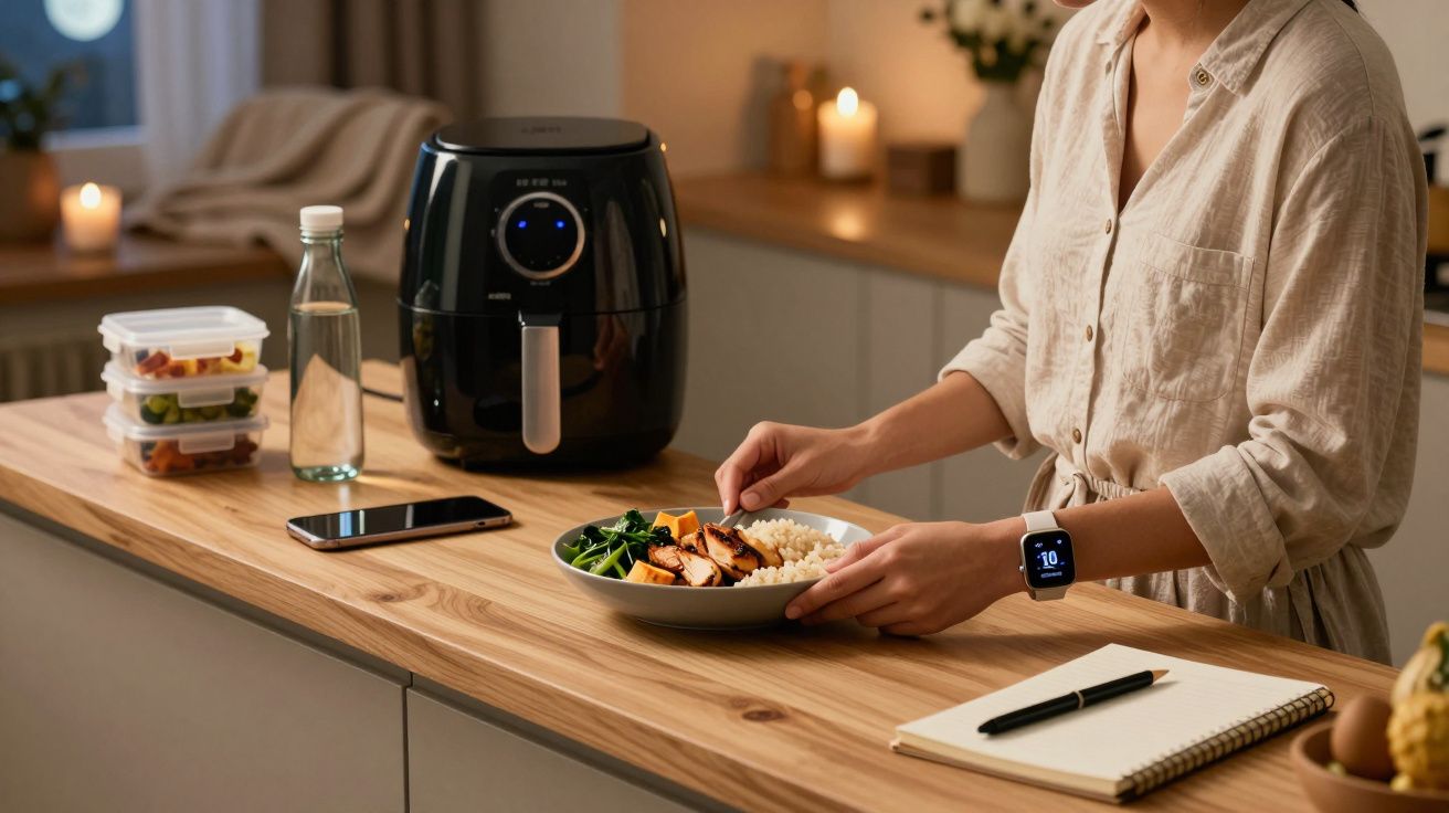 Pessoa cozinha com fritadeira de ar numa bancada de madeira, com refeições prontas, garrafa de água e caderno ao lado.