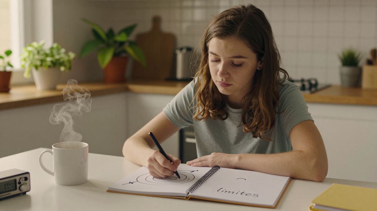 Jovem escreve num caderno sobre a mesa da cozinha, com uma chávena de café ao lado.