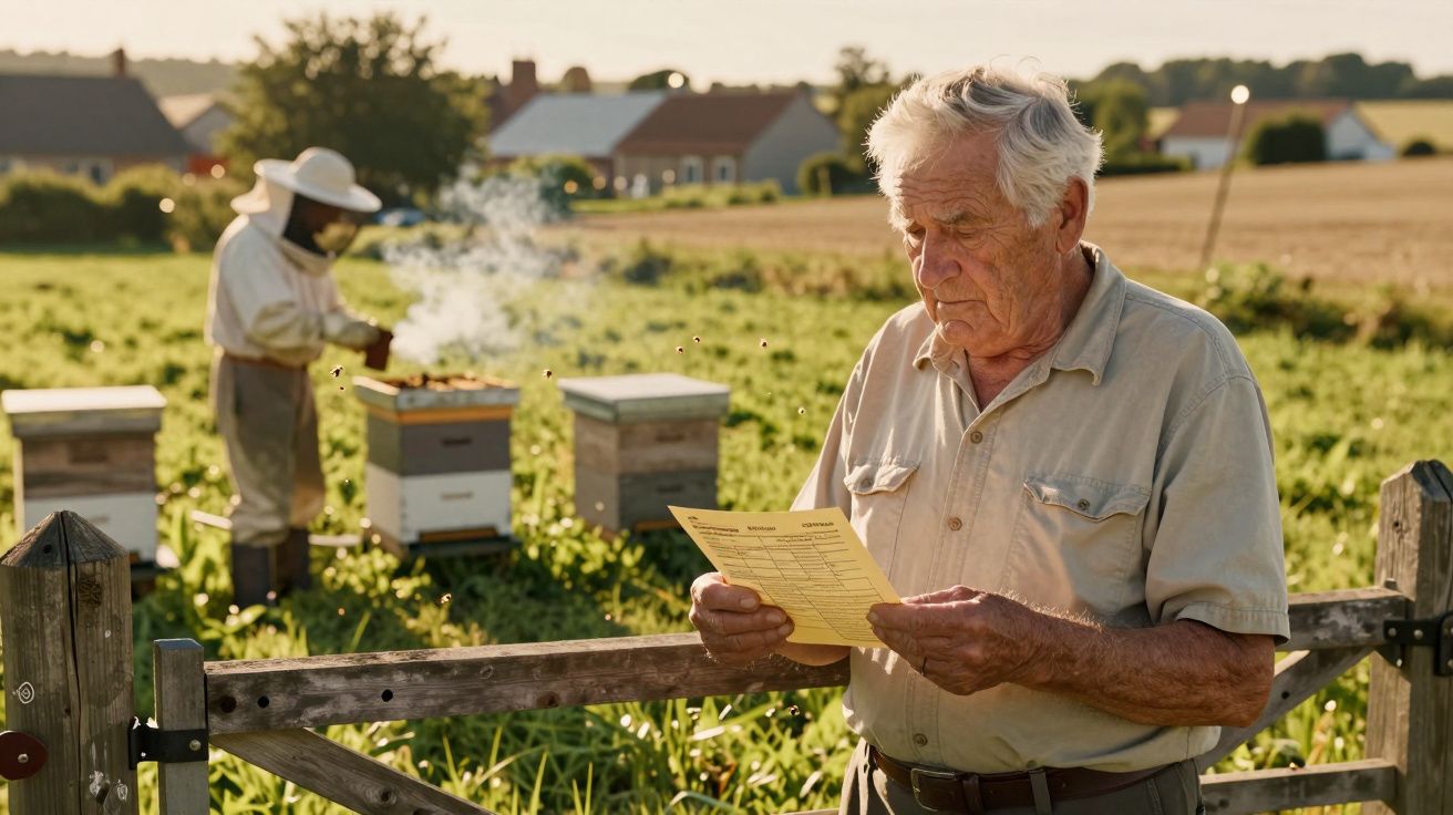 Homem idoso lê um papel em campo, enquanto apicultor cuida das colmeias ao fundo, com casas e árvores distantes.